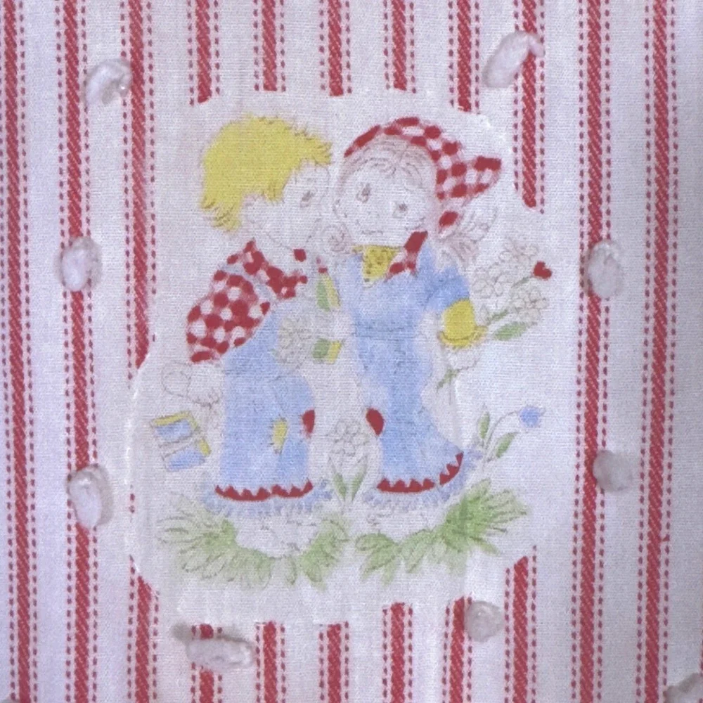 Vintage 1980s Storybook Baby Blanket Red Ticking Stripe Plush Cottage Nursery
